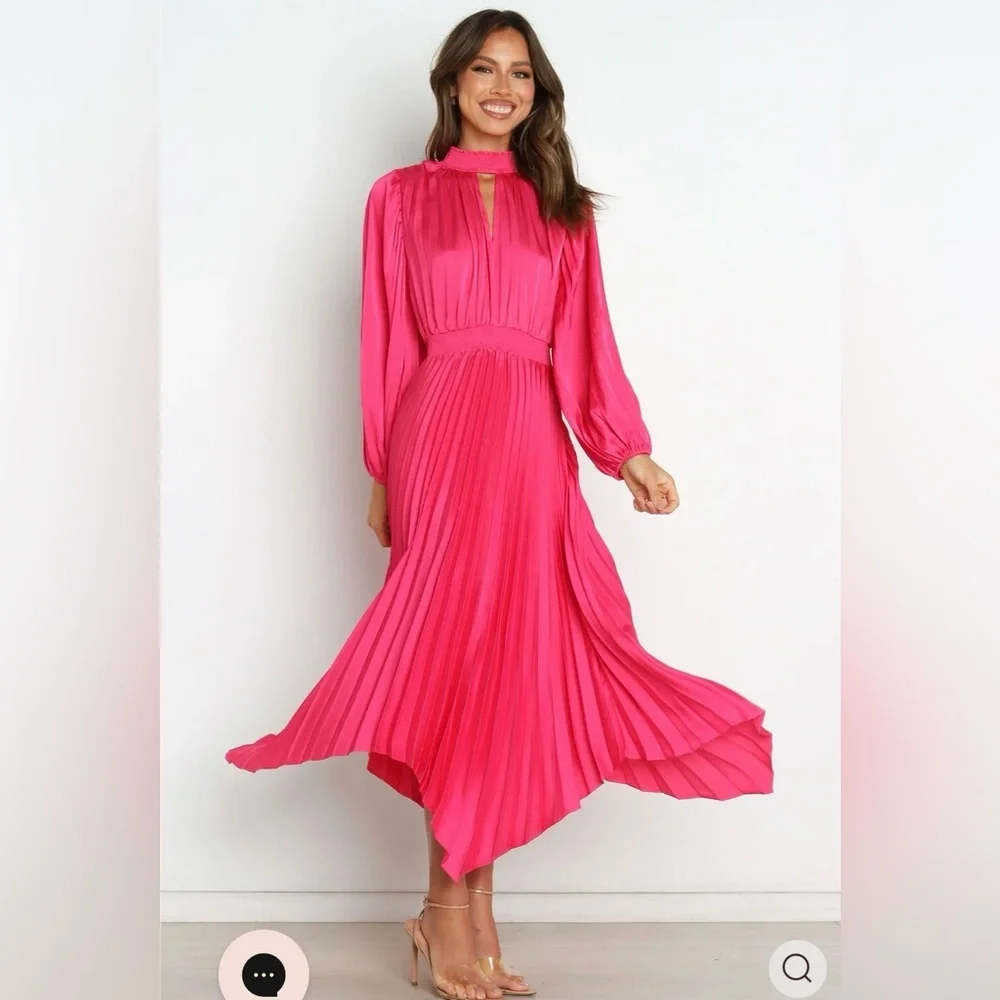 Petal & Pup Pleated Long Sleeve Midi Semi Formal Pink Satin Cocktail Dress US 8 - Picture 3 of 12